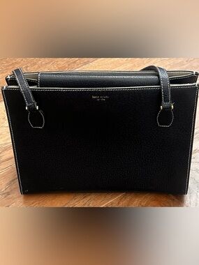 Kate Spade New York Black Leather Tote Bag Structured Shoulder Handbag Gold Hard